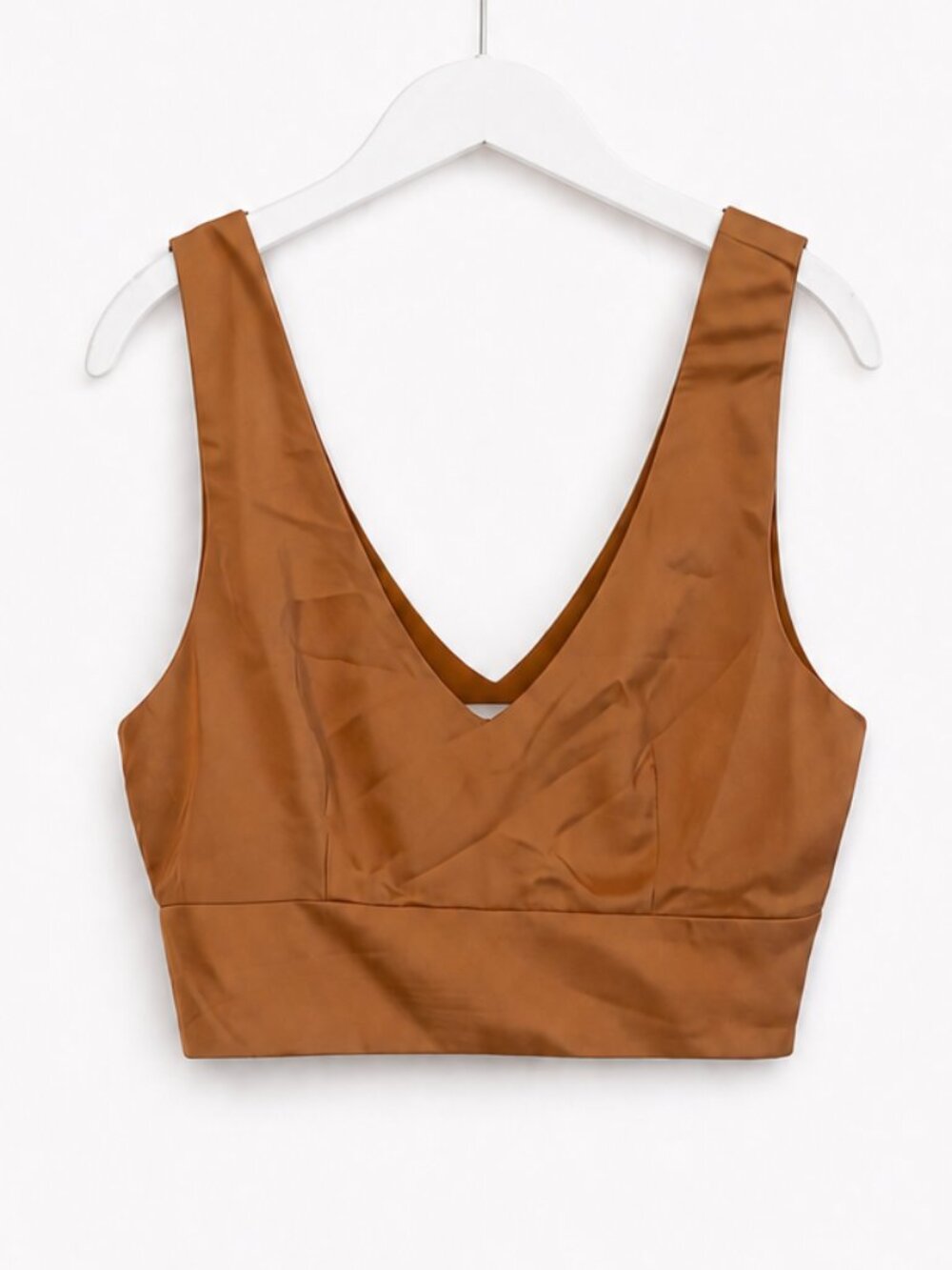Le Lis Bronze Satin Plunge V Neck Sleeveless Crop Top